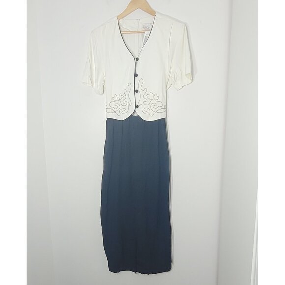 Vintage Tradition White & Black Retro Short-Sleeve Buttoned Slit Maxi Dress - Picture 1 of 15